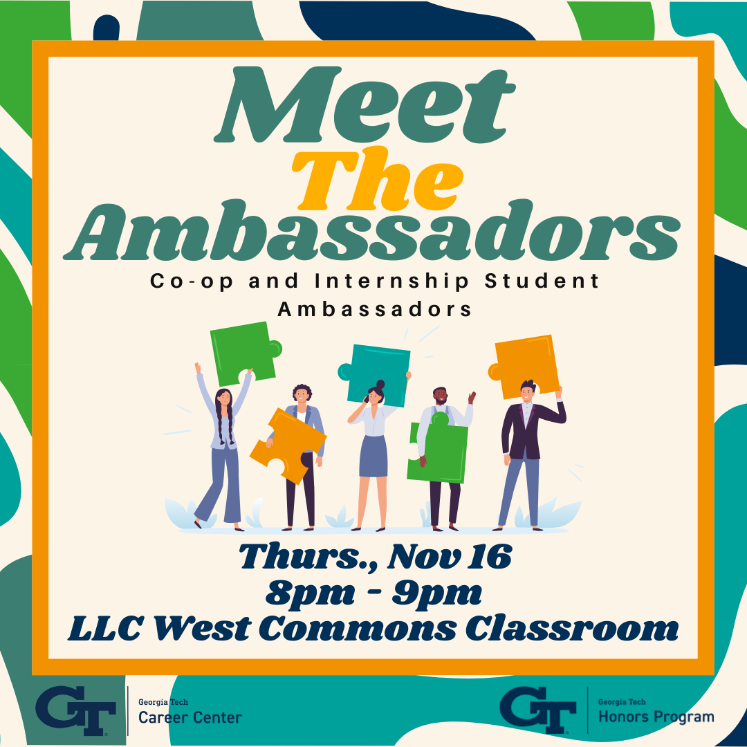 A flyer promoting the co-op and internship student ambassador info session on November 16th, 2023. The graphic includes illustrations of people holding puzzle pieces.

