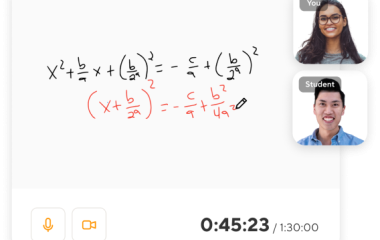 a math problem on a whiteboard and two students on a zoom call