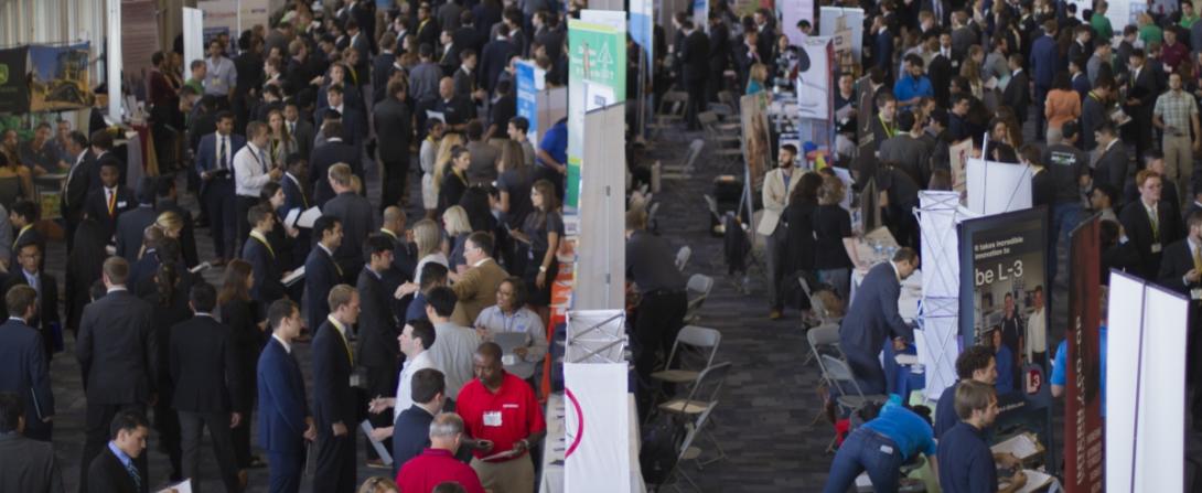 large group of students gathered at career fair