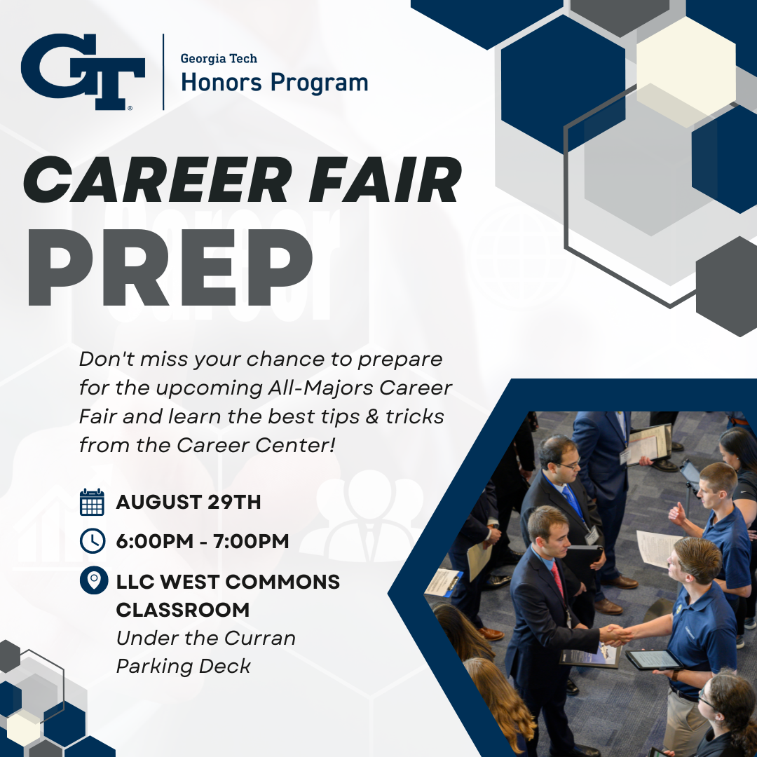 A flyer for the Honors Program Career Fair prep session on August 29th. It shows an image of a student in a suit shaking hands with a job recruiter during a previous Career Fair.
