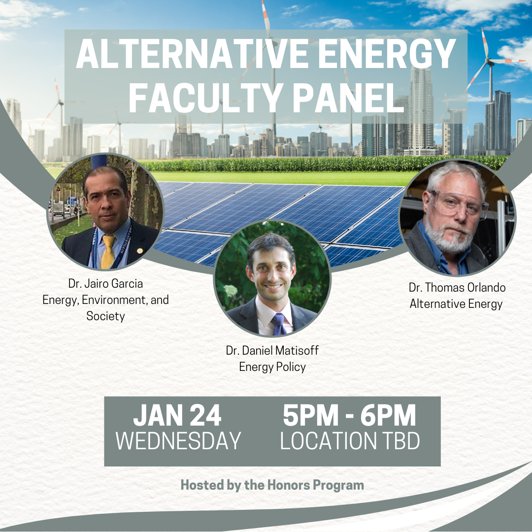 A flyer for the Honors Program alternative energy faculty panel.