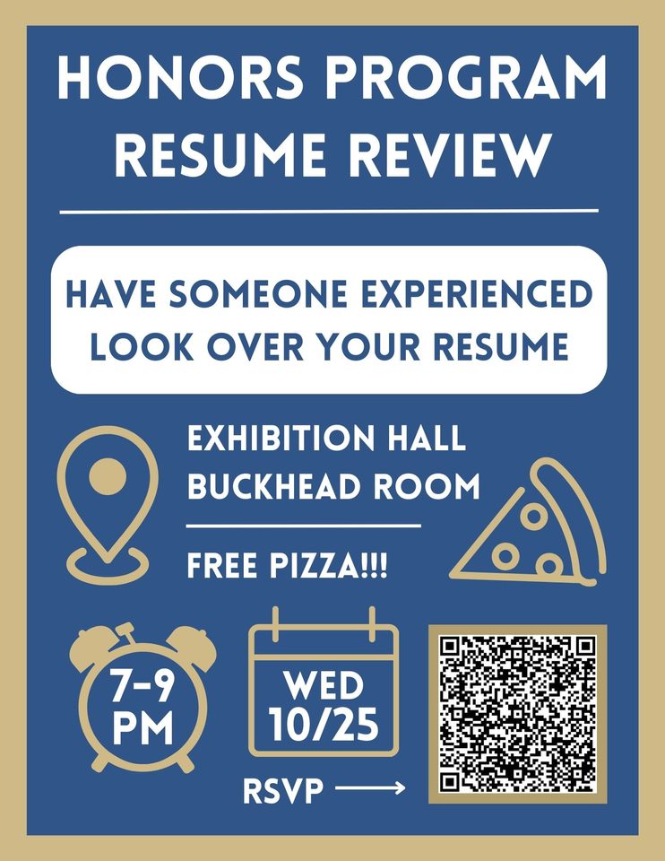 A flyer promoting the Honors Program resume review on October 25th, 2023.
