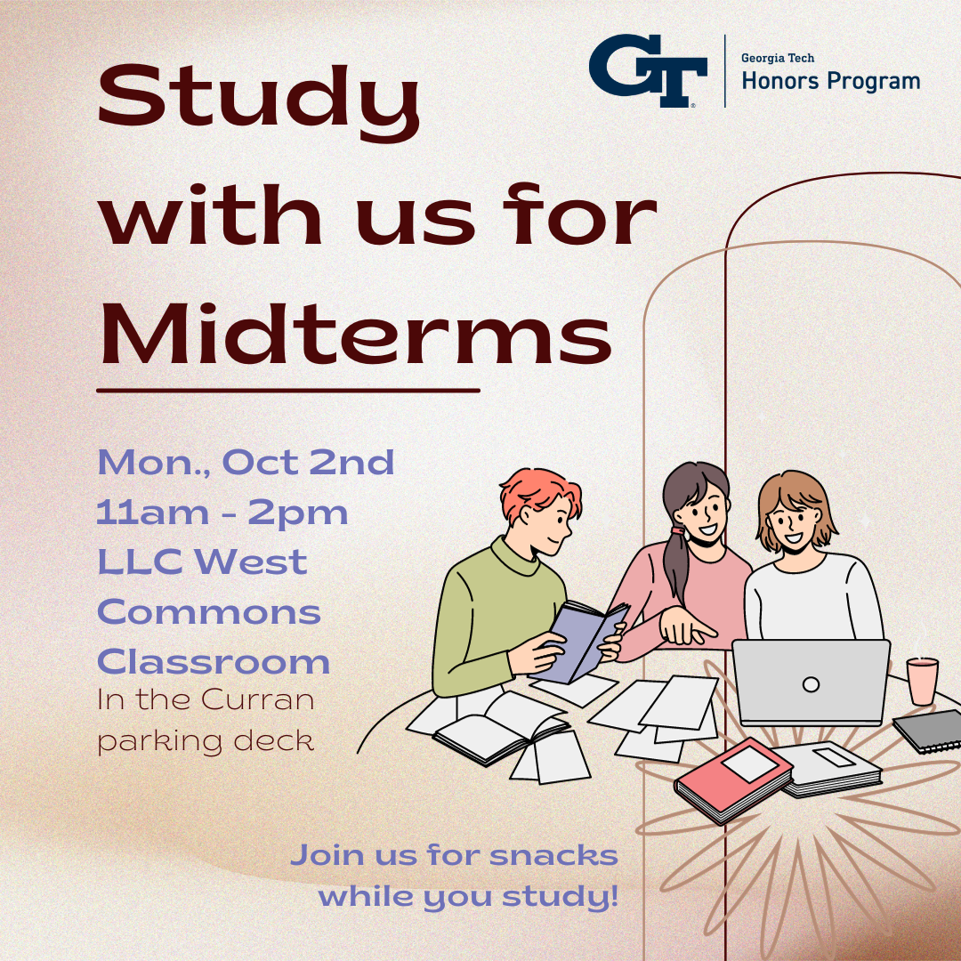 A flyer promoting the midterms study session hosted by the Honors Program on October 2nd. The image includes an illustration of students studying together with books and laptops, as well as information about the event.
