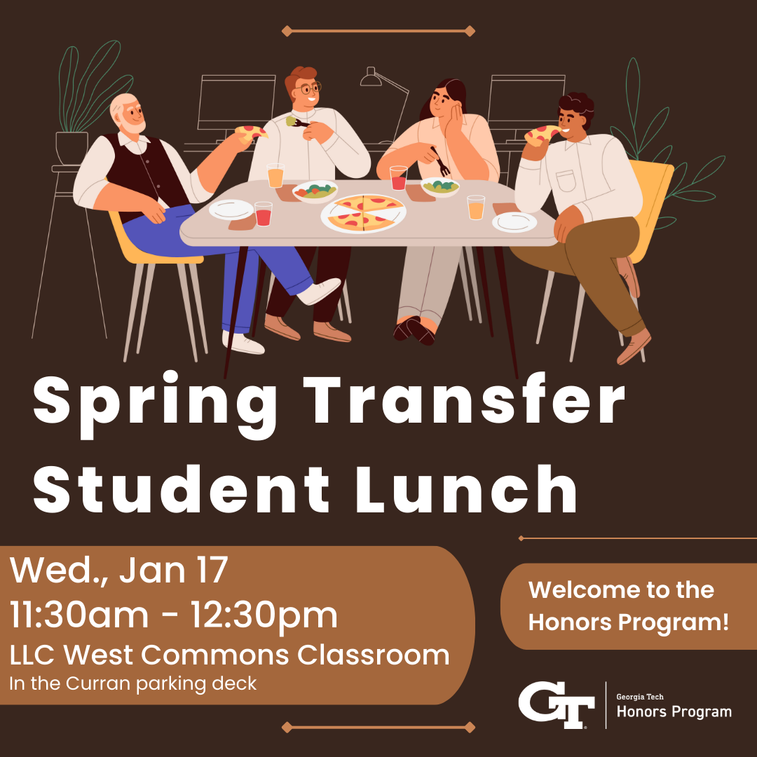 A graphic for the new transfer student lunch on January 17, 2024.