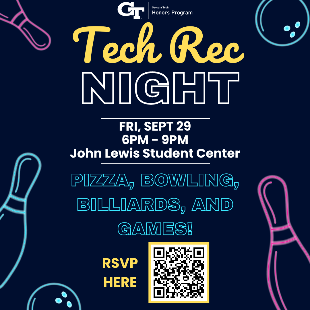 A flyer promoting the Honors Program Tech Rec Night on September 29th. It shows neon illustrations of bowling balls and bowling pins, as well as a QR code with a link to the RSVP sign-up form.
