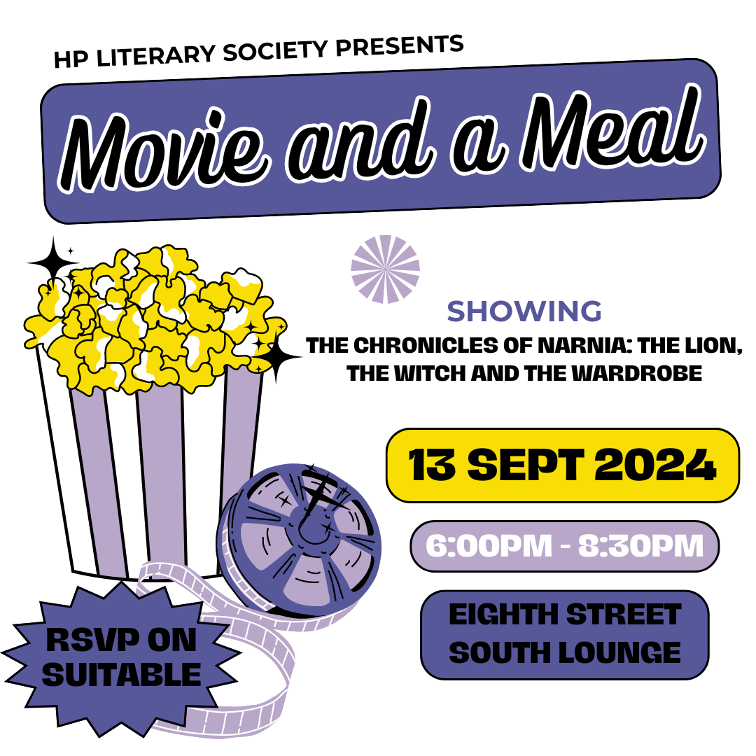 A flyer promoting the Honors Program Literary Society Movie and a Meal meeting on September 13th, 2024.