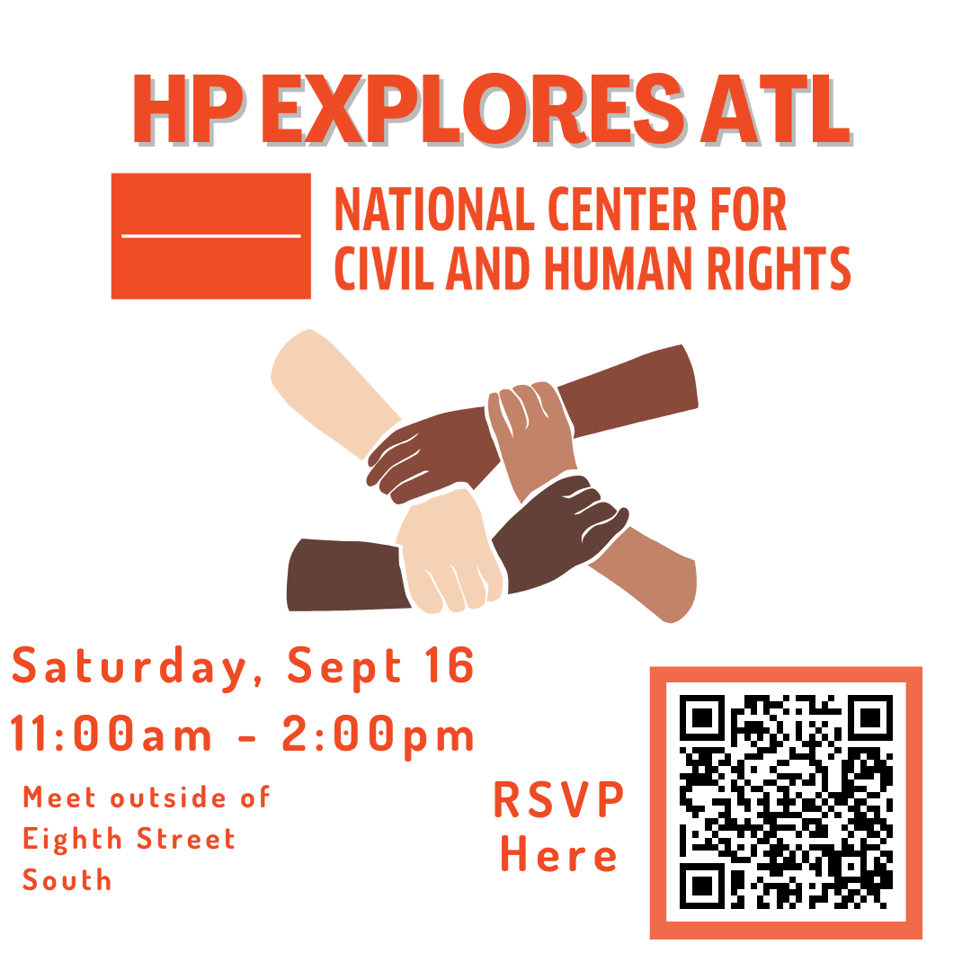 A flyer promoting the Honors Program trip to the National Center for Civil and Human Rights. The image shows an illustration of hands of different skintones, and a QR code leading to the RSVP link.
