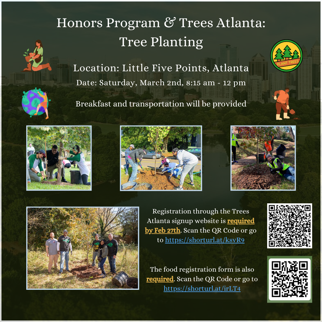 A flyer for the Honors Program tree planting volunteer event on March 2nd, 2024.