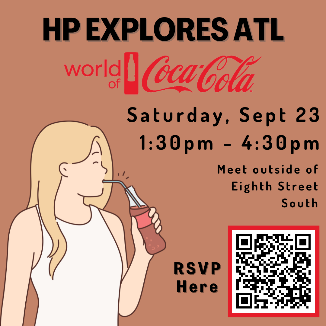 A flyer promoting the Honors Program trip to the World of Coca-Cola museum. The image shows an illustration of a woman drinking a Coca-Cola with a straw, and a QR code leading to the RSVP link.
