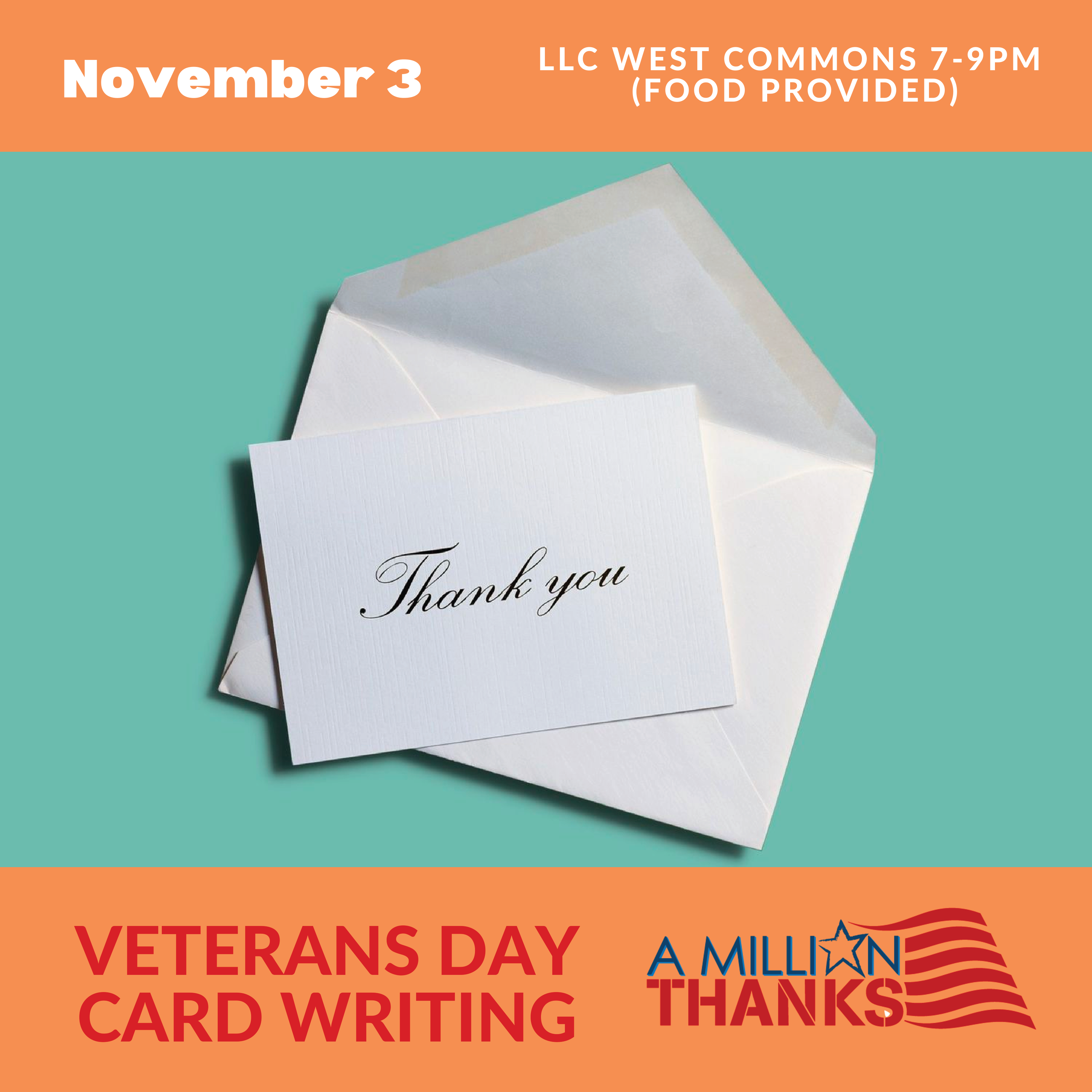 A graphic promoting the Veterans Day card writing event. The image includes a picture of a letter saying "thank you" and the logo of the non-profit A Million Thanks.
