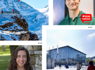 headshot of two students mountains and a building
