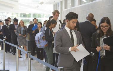 students in line at a career fair