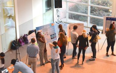 Students presenting their poster boards in a large room
