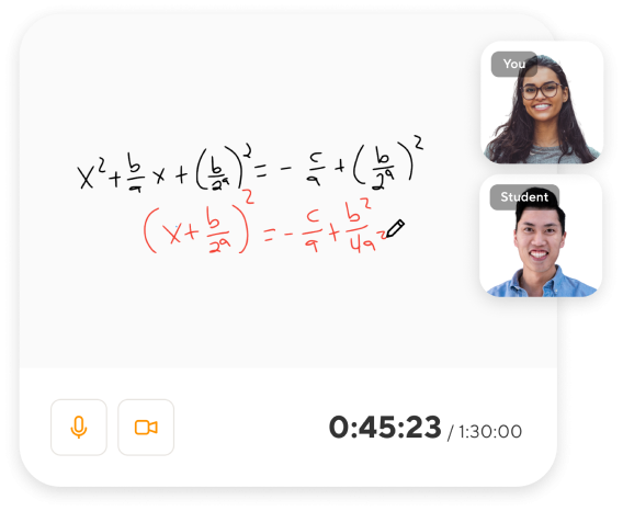 a math problem on a whiteboard and two students on a zoom call
